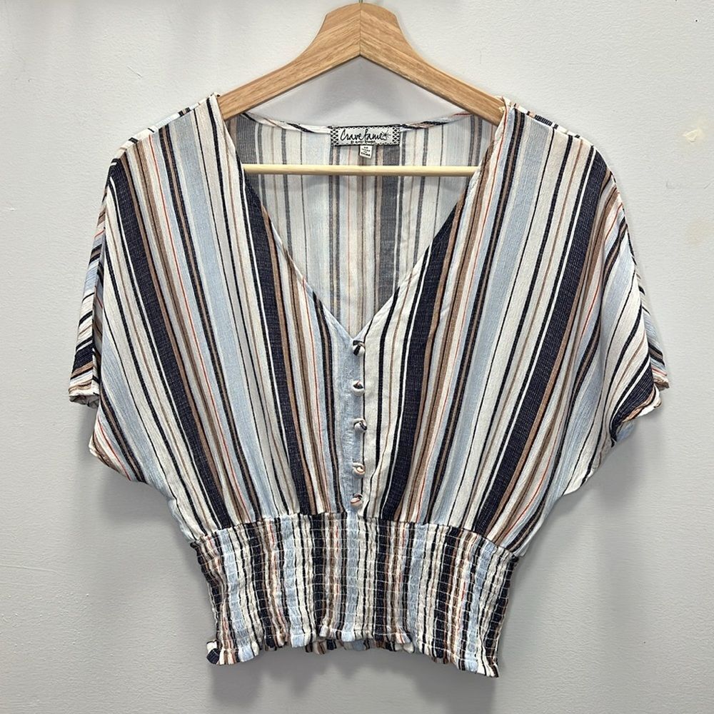 Crave Frame Women’s White Blue Green Striped Batwing Crop Top Size Medium